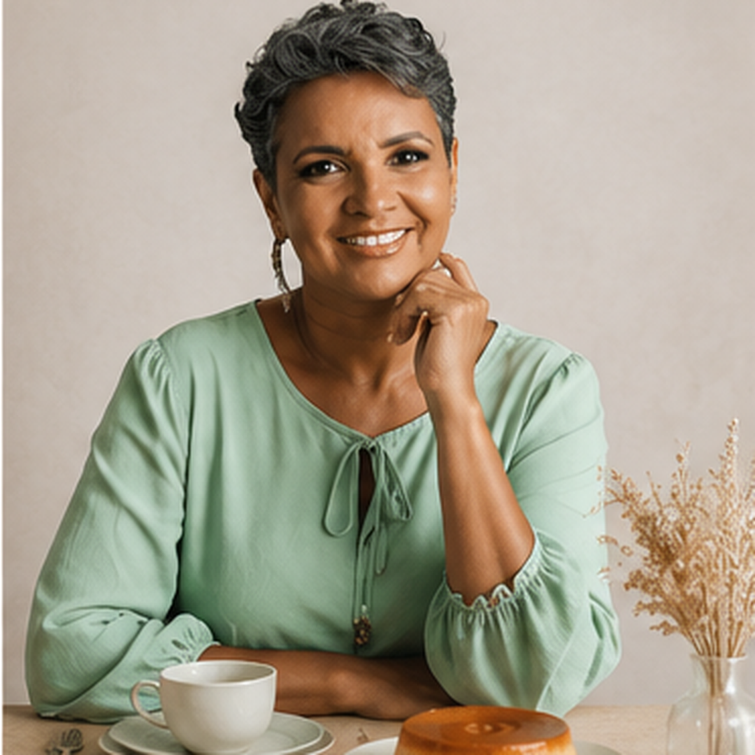 Elizangela Lima à mesa com uma xícara de café e um bolo